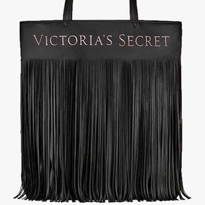 Victorias Secret Black Leather Fringe Tote Bag